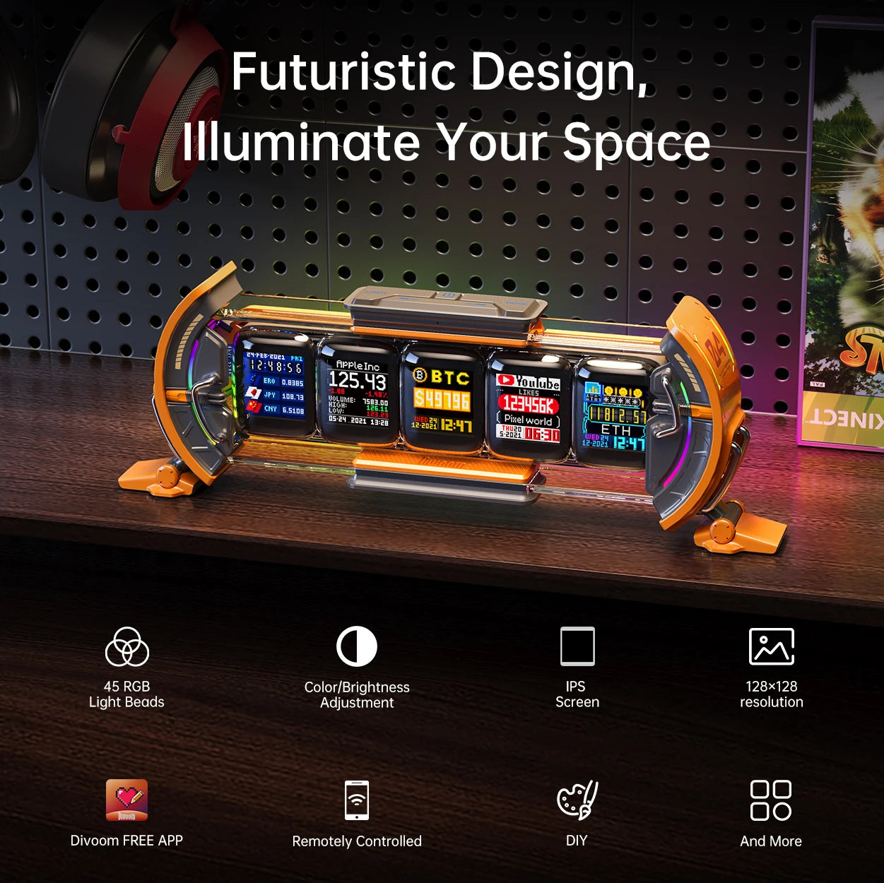 Times Gate Gaming Room Setup Digital Clock with Smart APP Control, Wifi Connect, RGB LED Display, Office Decor Cyberpunk